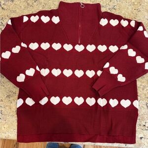 V-Neck Half Zip Sweater Wine Red and white hearts NWT